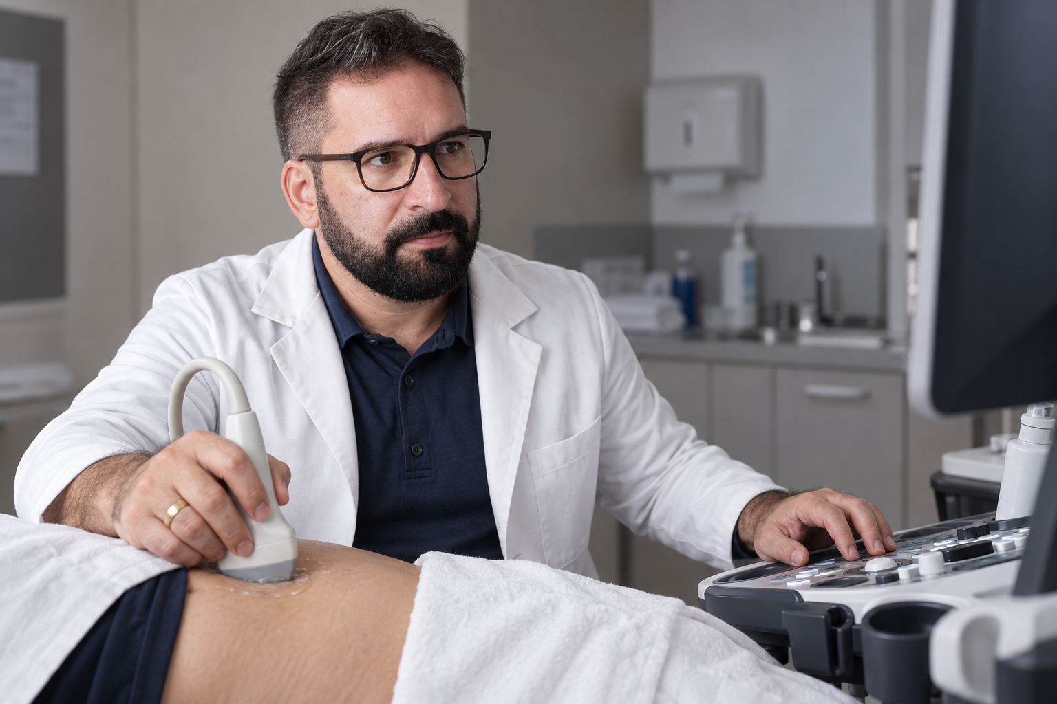 Dr. Carlos Libório realizando um exame de ultrassom com o transdutor.