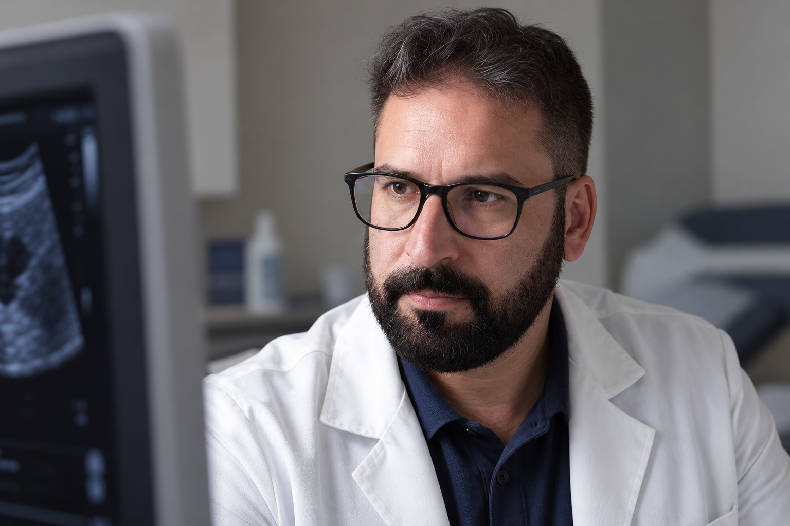 Dr. Carlos Libório analisando a imagem no monitor do aparelho de ultrassom.