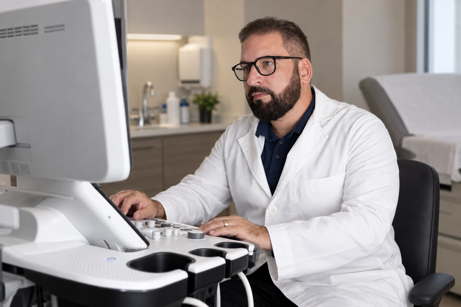 Dr. Carlos Libório operando o aparelho de ultrassom no consultório.